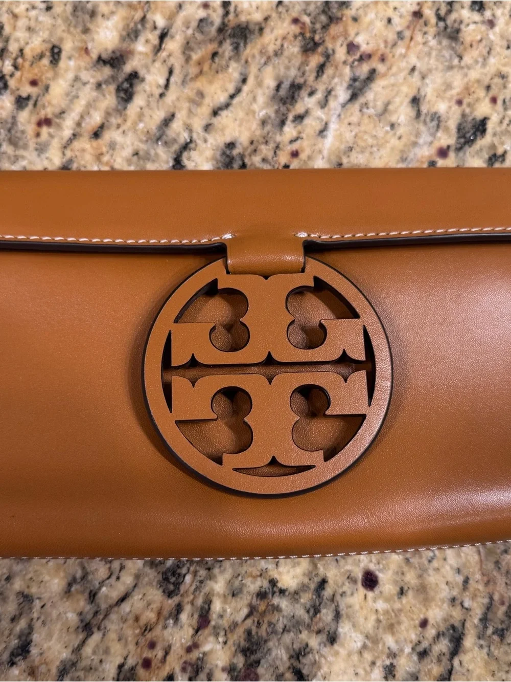 Tory Burch Tan Leather Clutch with Logo Cutout